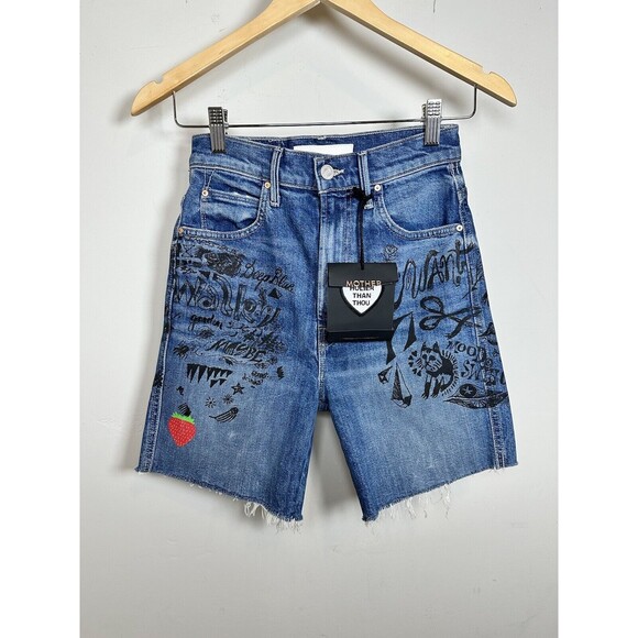Mother Women's Blue Smokin' Short High-Waist Frayed Cut-Off Shorts Size 24 NWT - Picture 3 of 14